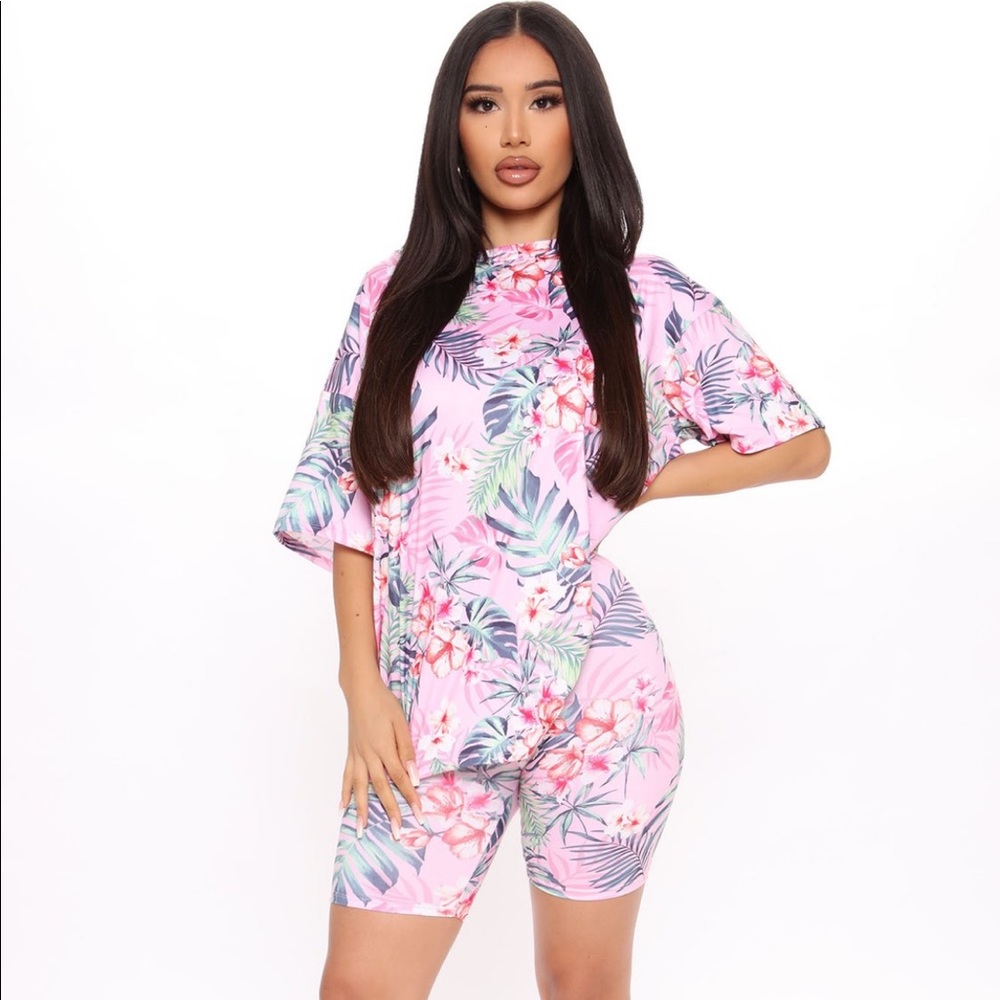 Fashion Nova Tropical State of Mind Biker Short Set- Pink/Combo